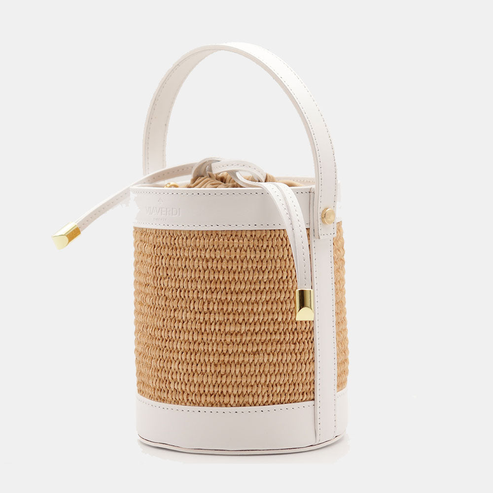 Borsa Secchiello a Mano VIAVERDI in Rafia e Pelle Bianca Made in Italy linea Pienza