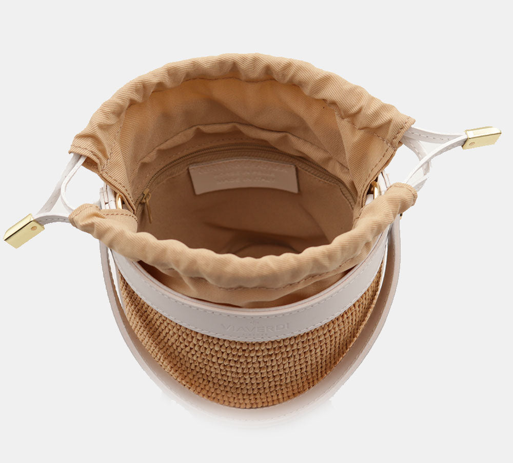 Borsa Secchiello a Mano VIAVERDI in Rafia e Pelle Bianca Made in Italy linea Pienza
