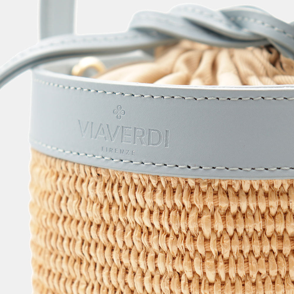 Borsa Secchiello a Mano VIAVERDI in Rafia e Pelle Celeste Made in Italy linea Pienza