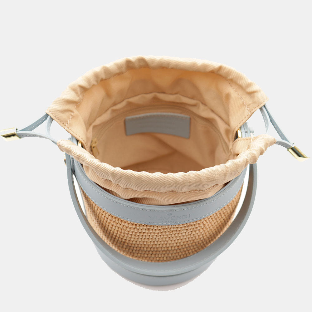 Borsa Secchiello a Mano VIAVERDI in Rafia e Pelle Celeste Made in Italy linea Pienza