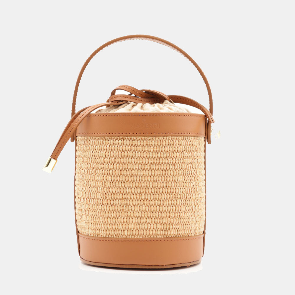 Borsa Secchiello a Mano VIAVERDI in Rafia e Pelle color Cuoio Made in Italy linea Pienza