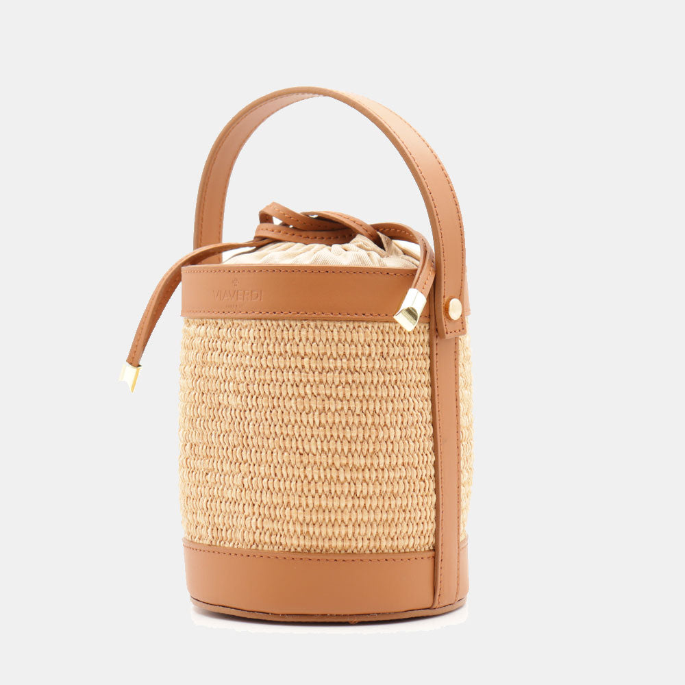 Borsa Secchiello a Mano VIAVERDI in Rafia e Pelle color Cuoio Made in Italy linea Pienza
