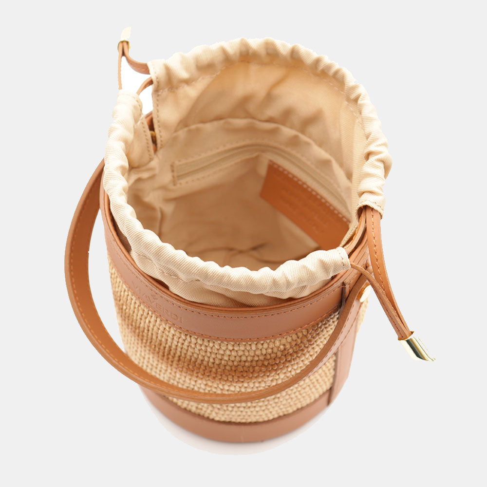 Borsa Secchiello a Mano VIAVERDI in Rafia e Pelle color Cuoio Made in Italy linea Pienza