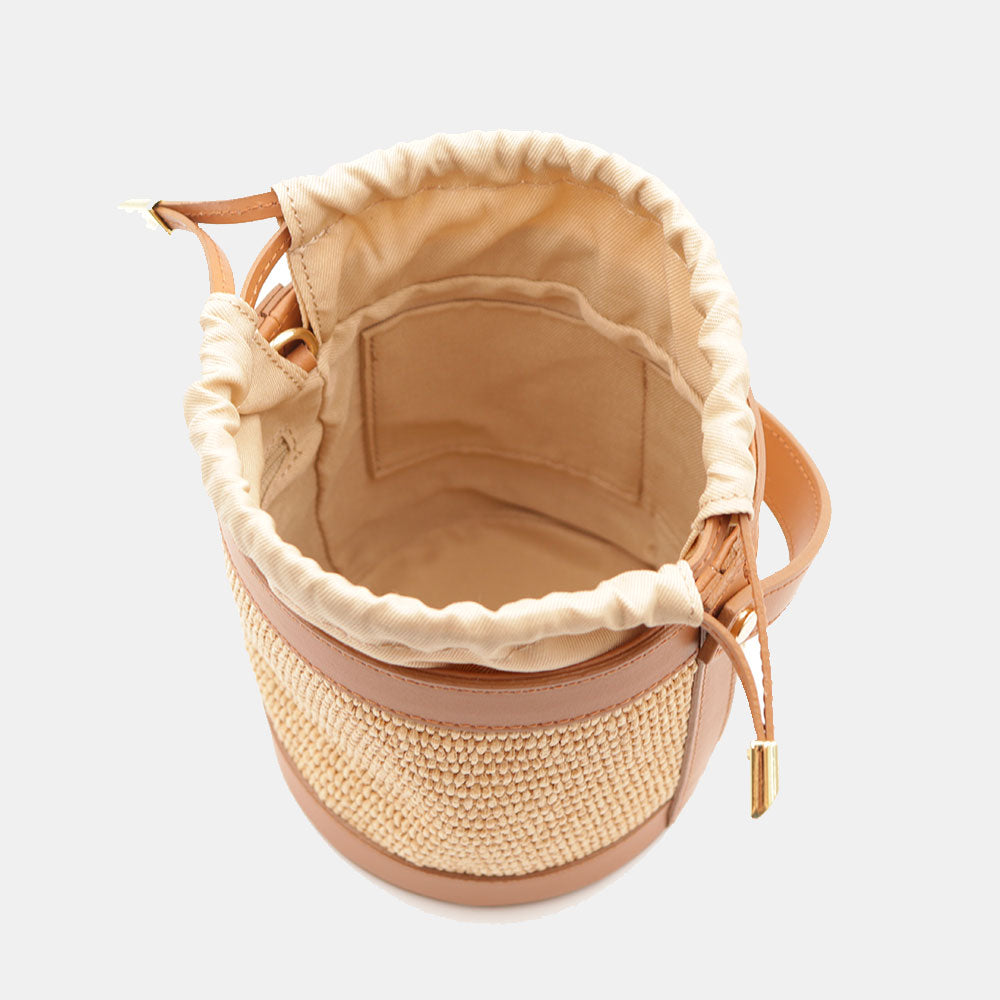 Borsa Secchiello a Mano VIAVERDI in Rafia e Pelle color Cuoio Made in Italy linea Pienza