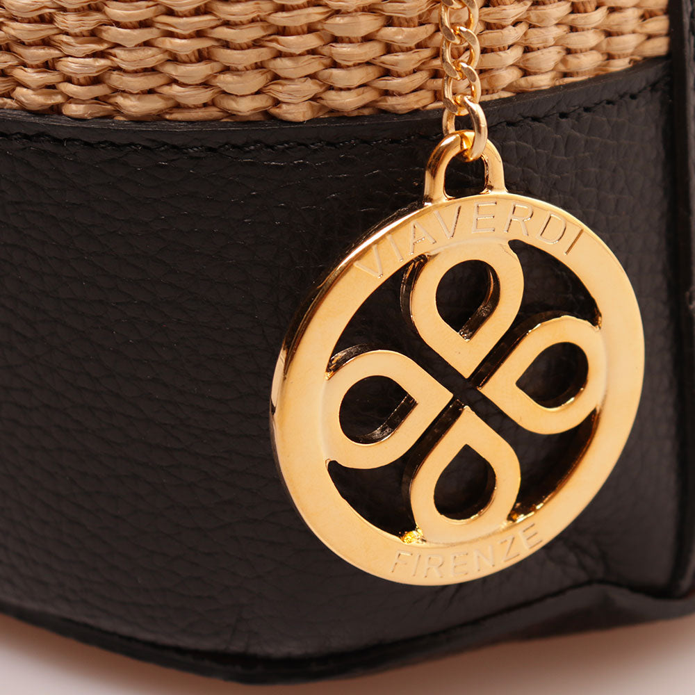 Borsa Donna a Secchiello VIAVERDI in Pelle Nera e Rafia Made in Italy