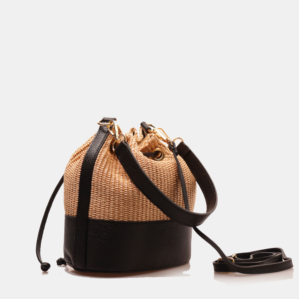 Borsa Donna a Secchiello VIAVERDI in Pelle Nera e Rafia Made in Italy