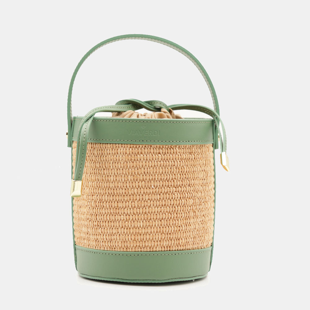 Borsa Secchiello a Mano VIAVERDI in Rafia e Pelle Verde Made in Italy linea Pienza