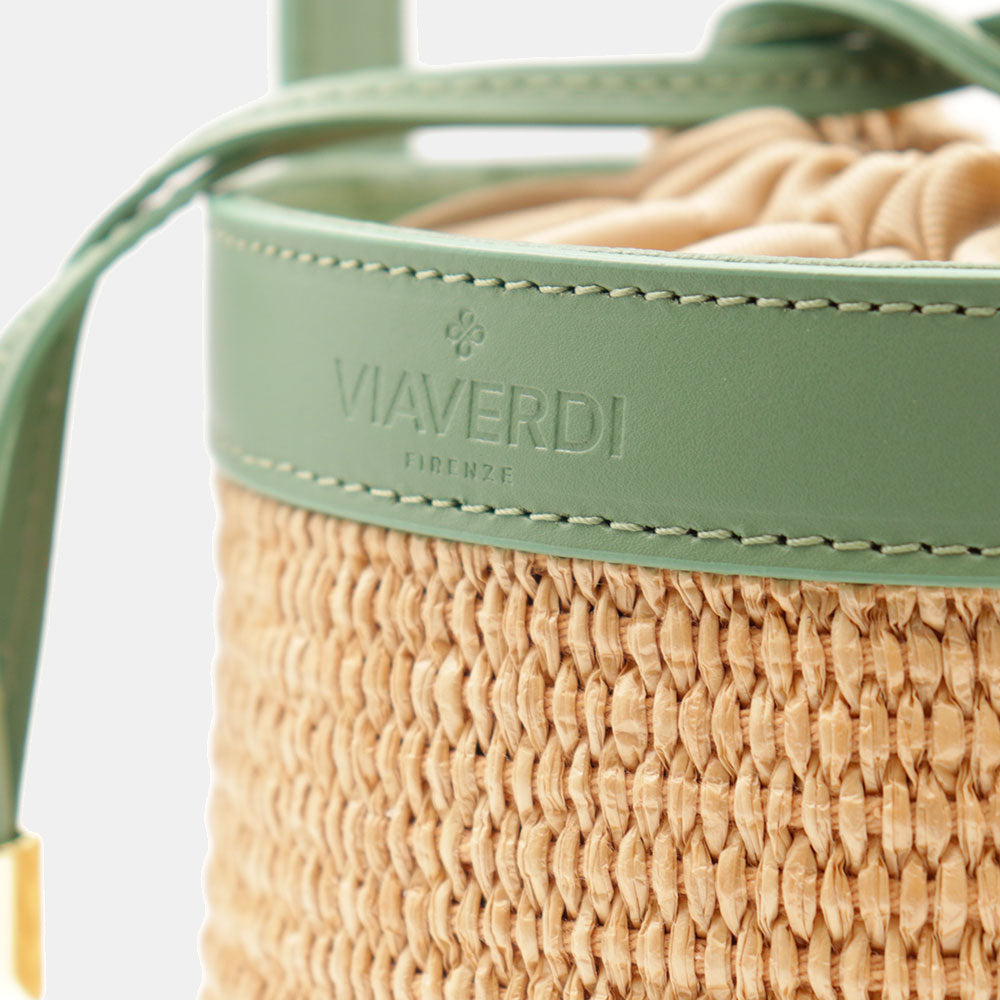 Borsa Secchiello a Mano VIAVERDI in Rafia e Pelle Verde Made in Italy linea Pienza
