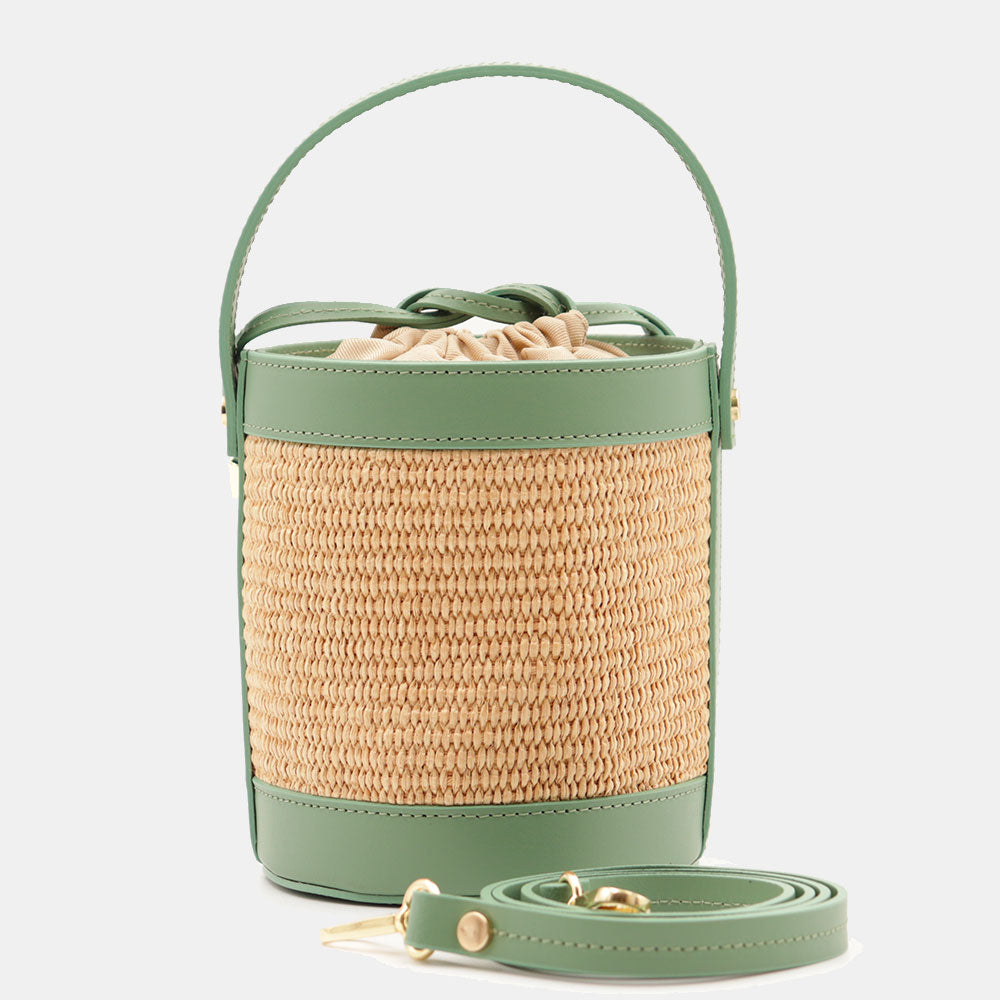 Borsa Secchiello a Mano VIAVERDI in Rafia e Pelle Verde Made in Italy linea Pienza