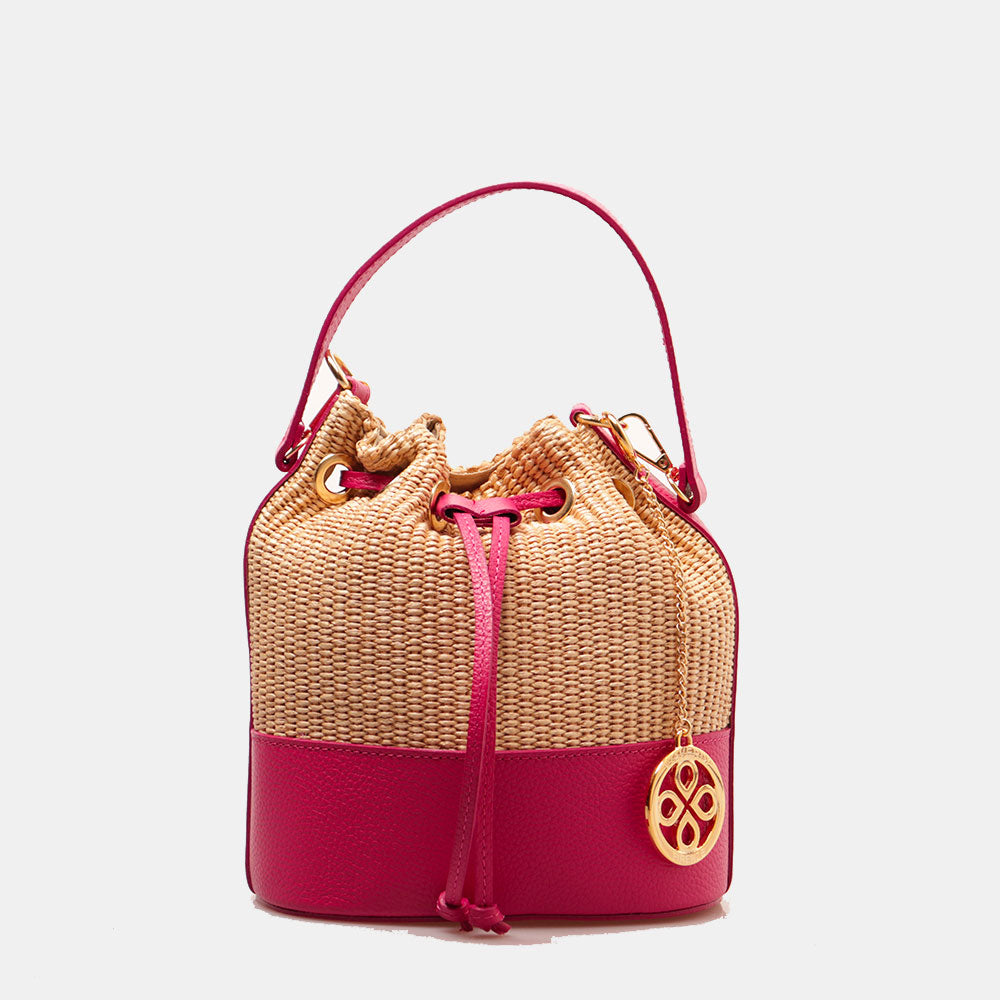 Borsa Donna a Secchiello VIAVERDI in Pelle Fucsia e Rafia Made in Italy