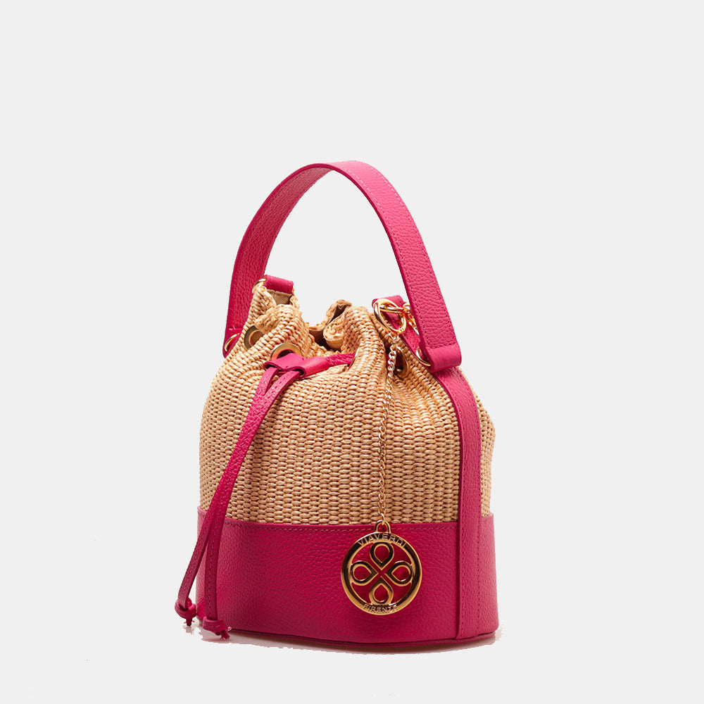 Borsa Donna a Secchiello VIAVERDI in Pelle Fucsia e Rafia Made in Italy