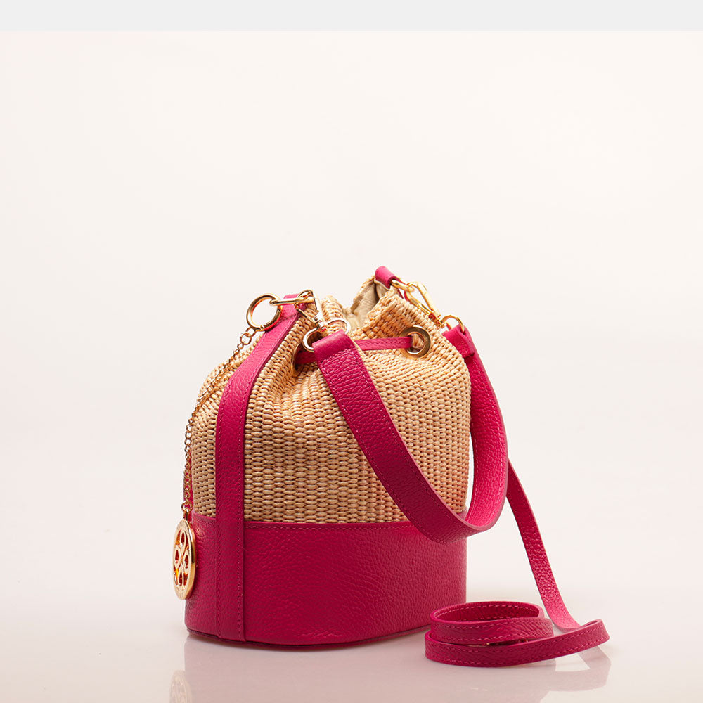 Borsa Donna a Secchiello VIAVERDI in Pelle Fucsia e Rafia Made in Italy