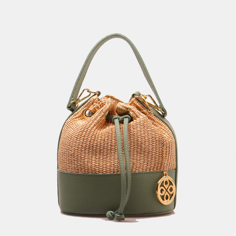 Borsa Donna a Secchiello VIAVERDI in Pelle Verde Menta e Rafia Made in Italy