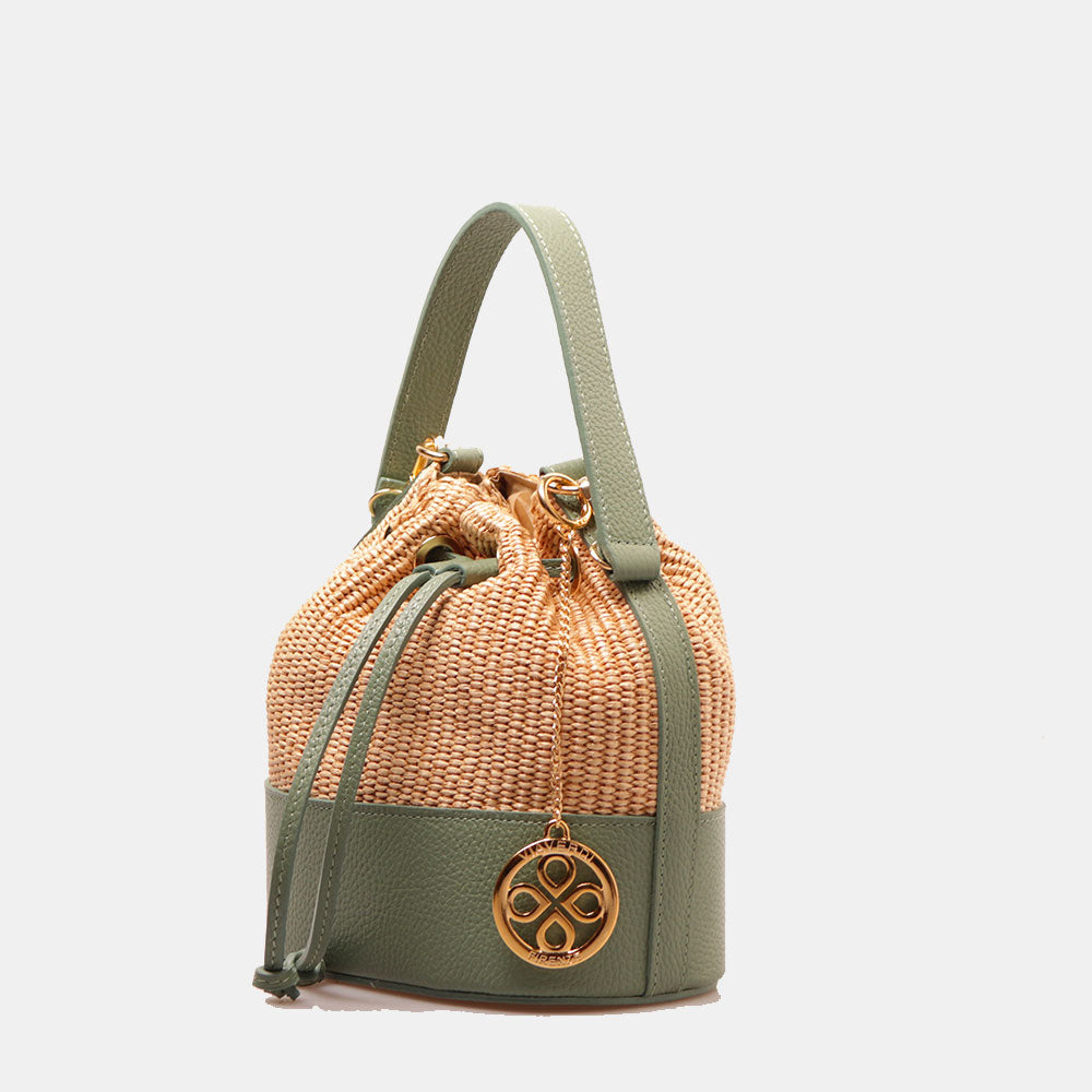 Borsa Donna a Secchiello VIAVERDI in Pelle Verde Menta e Rafia Made in Italy