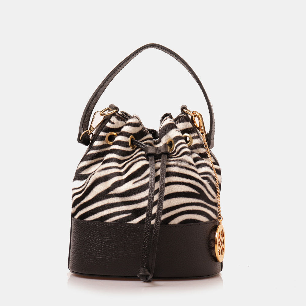 Borsa Donna a Secchiello VIAVERDI in Pelle e Cavallino Zebrato Bianco e Nero Made in Italy linea Cortona