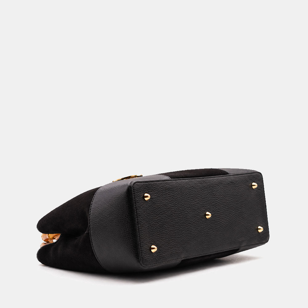 Borsa Grande a Mano VIAVERDI in Camoscio e Pelle Nera Made in Italy linea Volterra