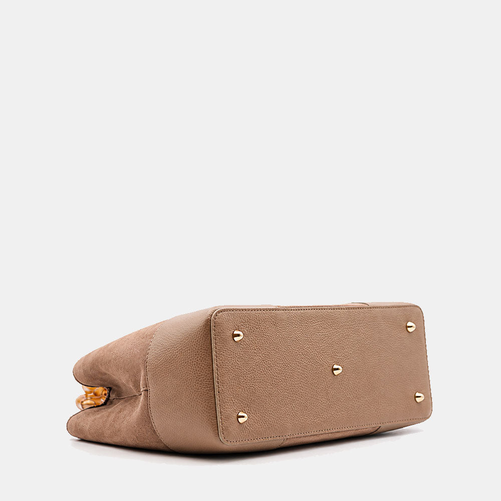 Handtasche ViaVerdi Volterra groß aus Wildleder und Taupe Leder mit Bambushenkeln Made in Italy