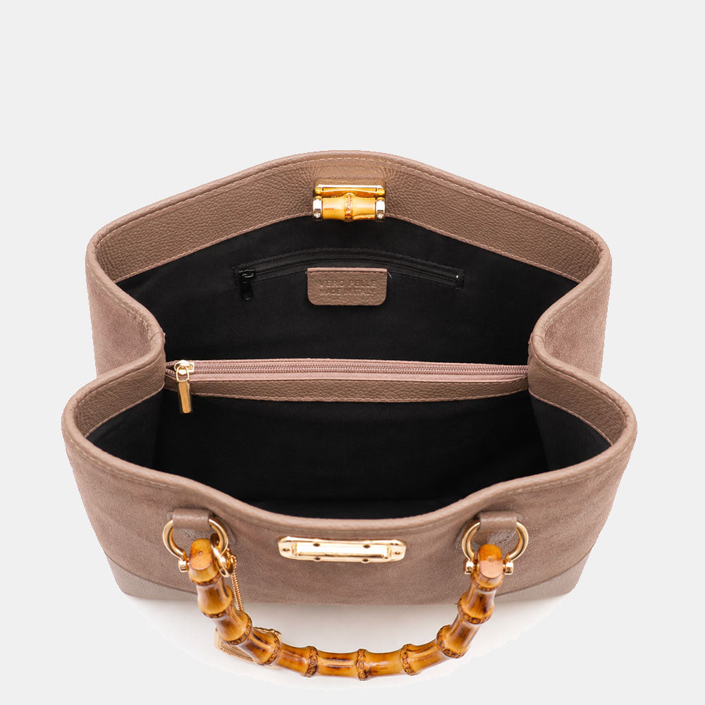 Handtasche ViaVerdi Volterra groß aus Wildleder und Taupe Leder mit Bambushenkeln Made in Italy