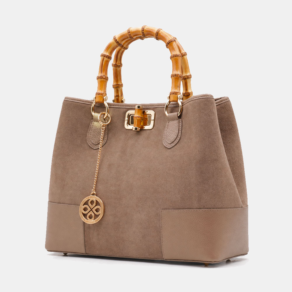 Handtasche ViaVerdi Volterra groß aus Wildleder und Taupe Leder mit Bambushenkeln Made in Italy