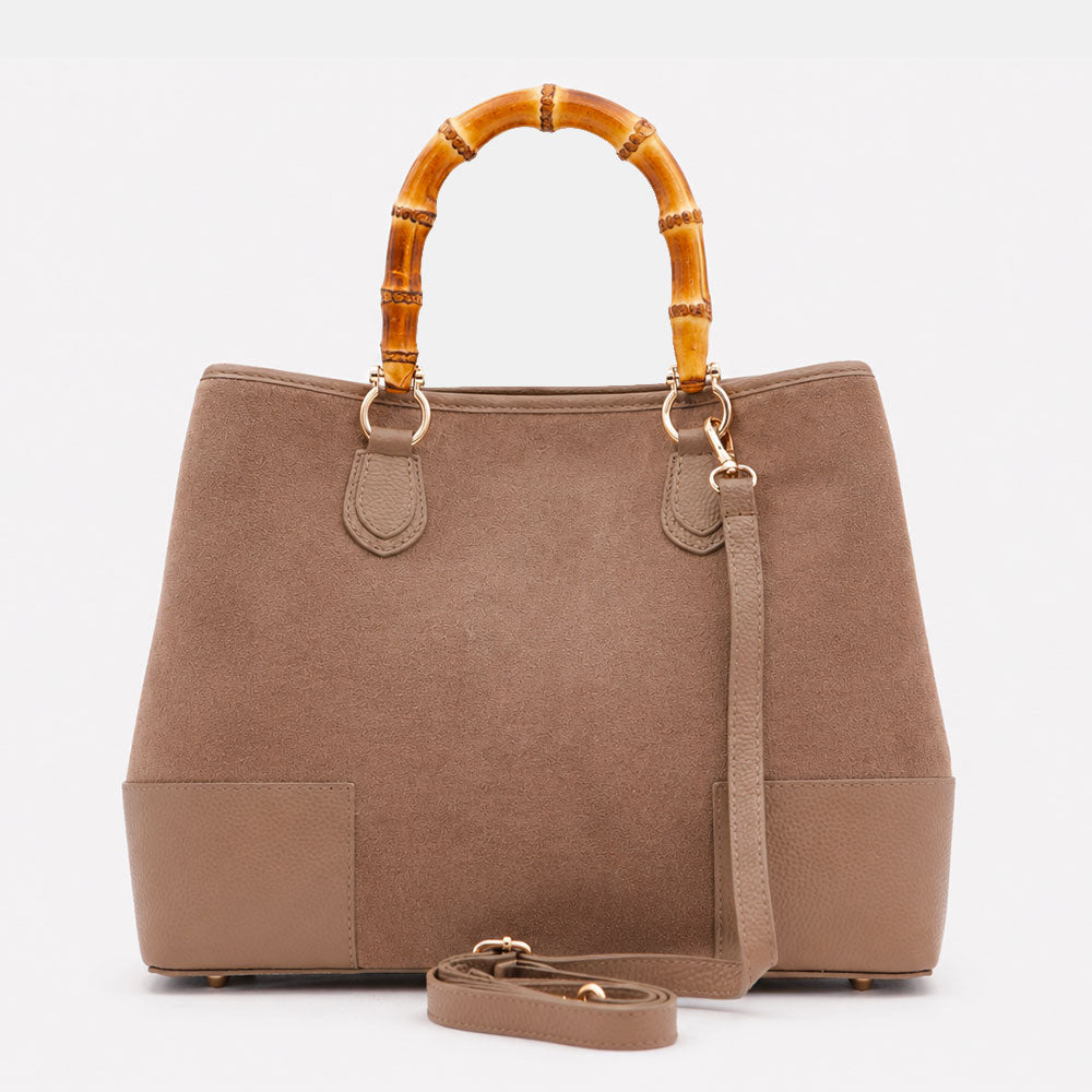 Handtasche ViaVerdi Volterra groß aus Wildleder und Taupe Leder mit Bambushenkeln Made in Italy