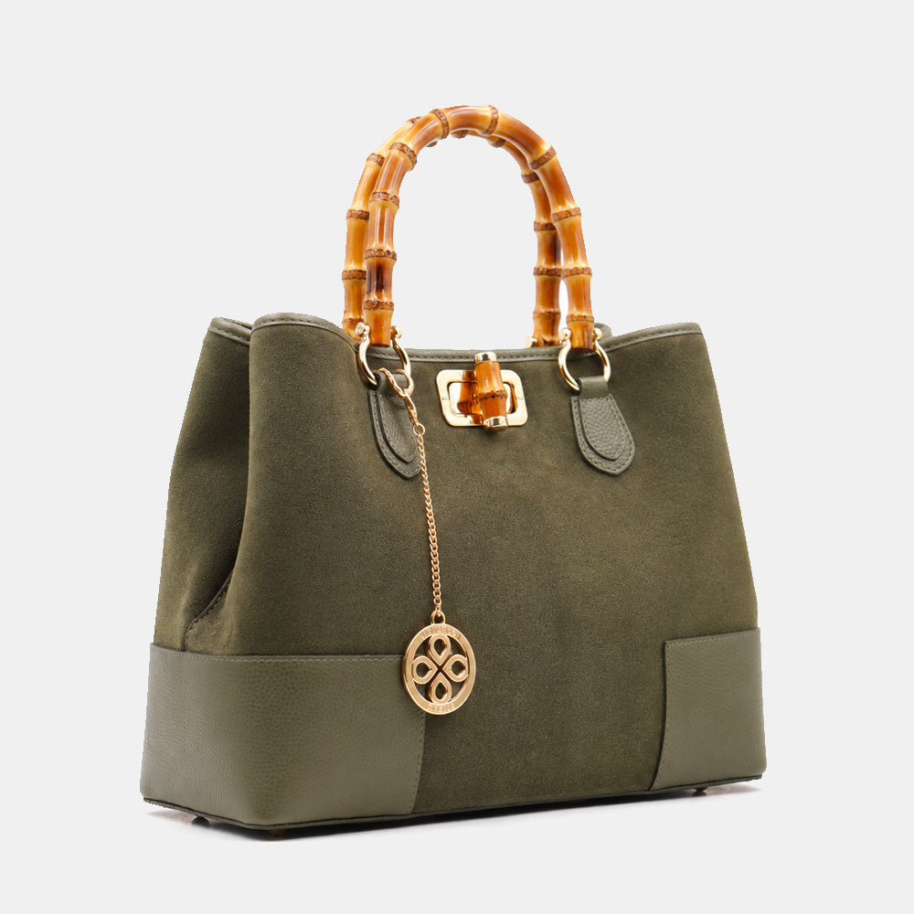 Borsa Grande a Mano VIAVERDI in Camoscio e Pelle Verde Made in Italy linea Volterra