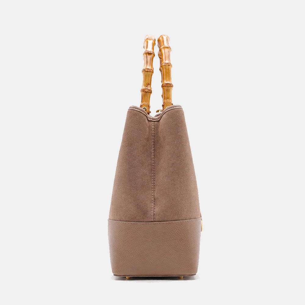 Handtasche ViaVerdi Volterra groß aus Wildleder und Taupe Leder mit Bambushenkeln Made in Italy