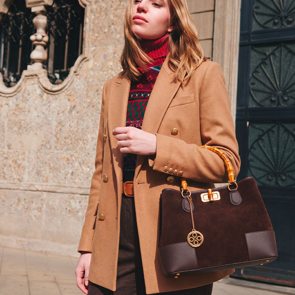 Borsa Grande a Mano VIAVERDI in Camoscio e Pelle Testa di Moro Made in Italy linea Volterra