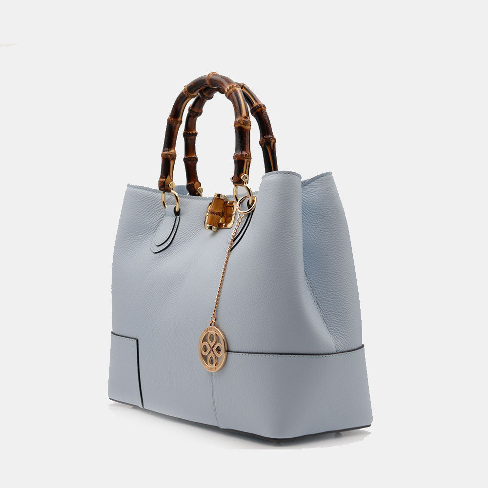 Borsa Grande a Mano VIAVERDI in Pelle Celeste Made in Italy linea Volterra