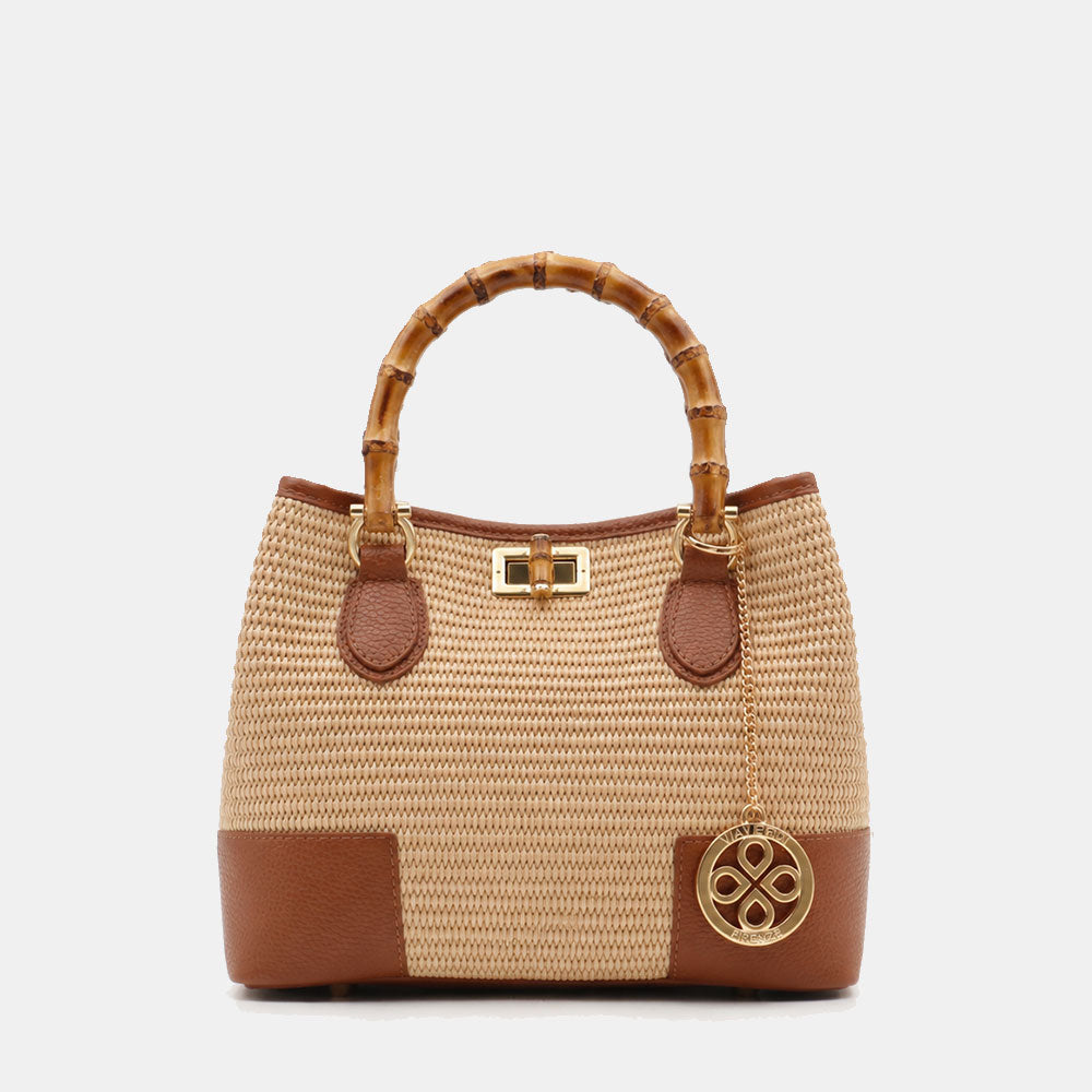 Borsa Piccola a Mano VIAVERDI in Rafia e Pelle color Cuoio Made in Italy linea Volterra