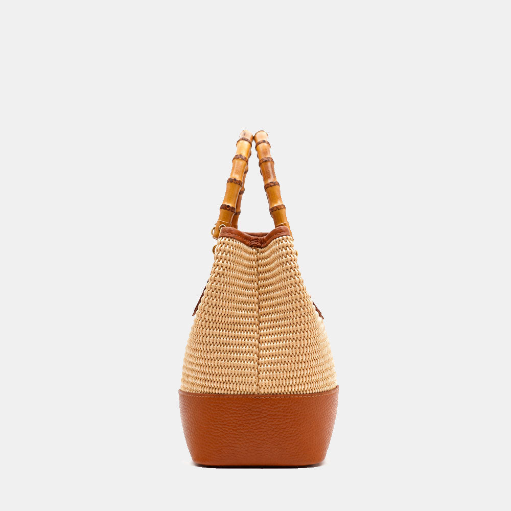 Borsa Piccola a Mano VIAVERDI in Rafia e Pelle color Cuoio Made in Italy linea Volterra