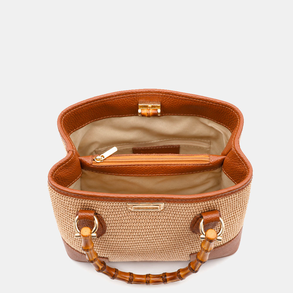 Borsa Piccola a Mano VIAVERDI in Rafia e Pelle color Cuoio Made in Italy linea Volterra