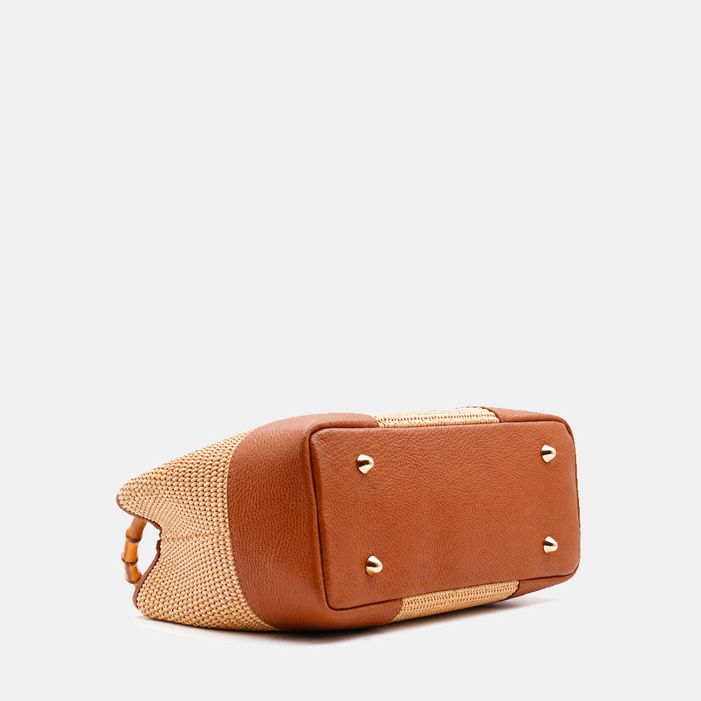 Borsa Piccola a Mano VIAVERDI in Rafia e Pelle color Cuoio Made in Italy linea Volterra