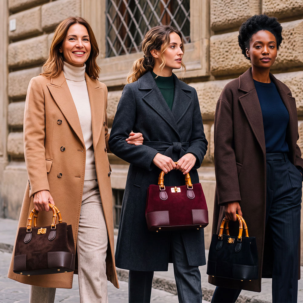 Handtasche ViaVerdi klein aus Wildleder und Bordeaux-Leder Made in Italy – Linie Volterra