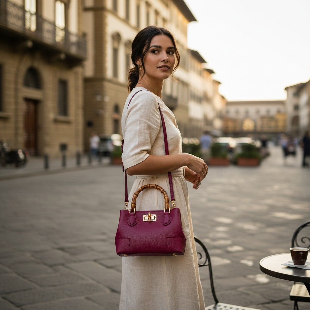 Handbag ViaVerdi Small in Burgundy Leather Made in Italy – Line Volterra