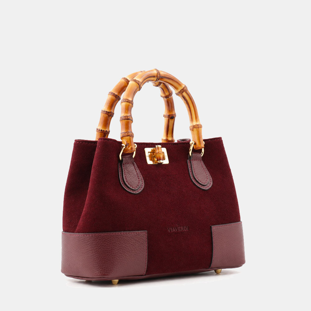 Borsa Piccola a Mano VIAVERDI in Camoscio e Pelle Bordeaux Made in Italy linea Volterra