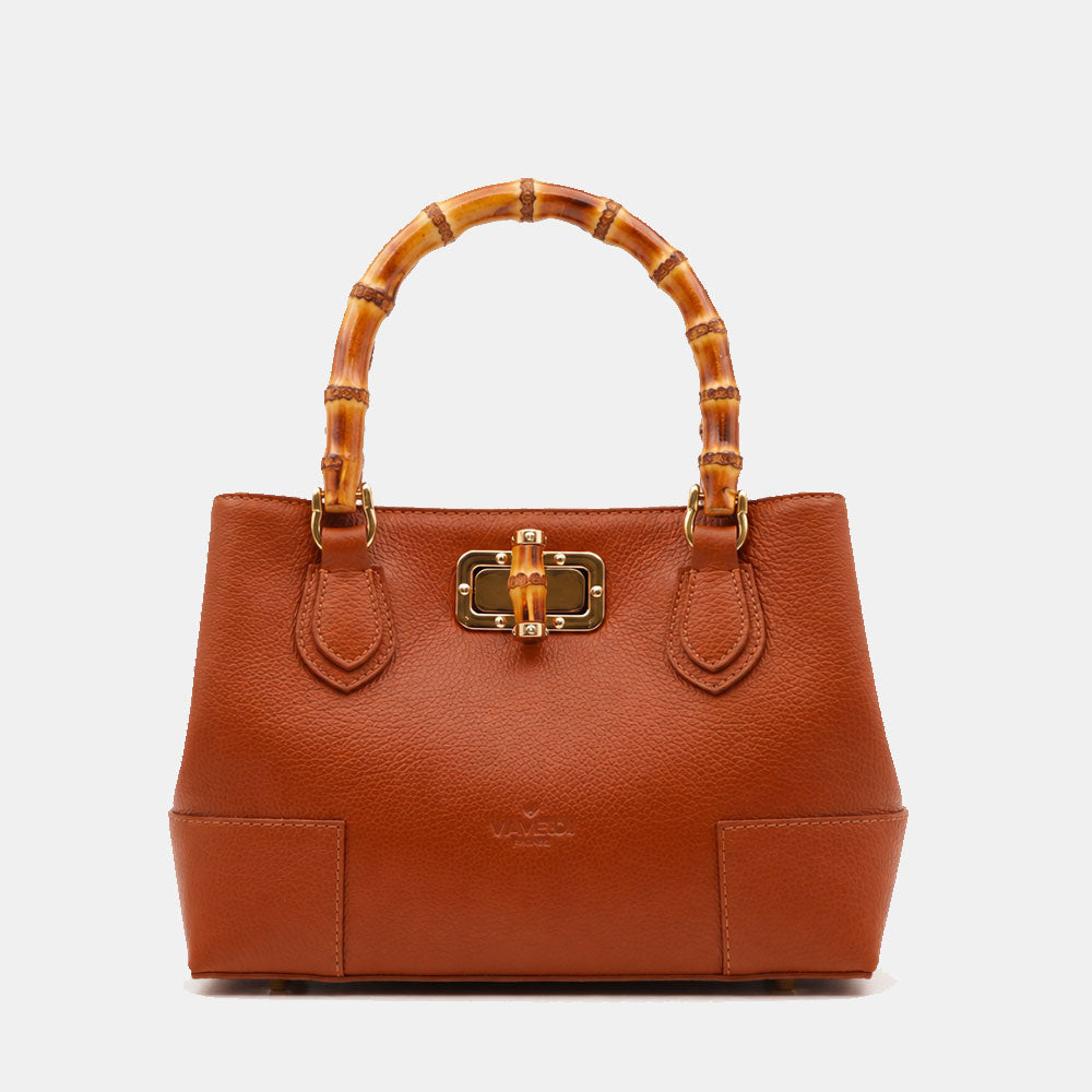 Borsa Piccola a Mano VIAVERDI in Pelle color Cuoio Scuro Made in Italy linea Volterra