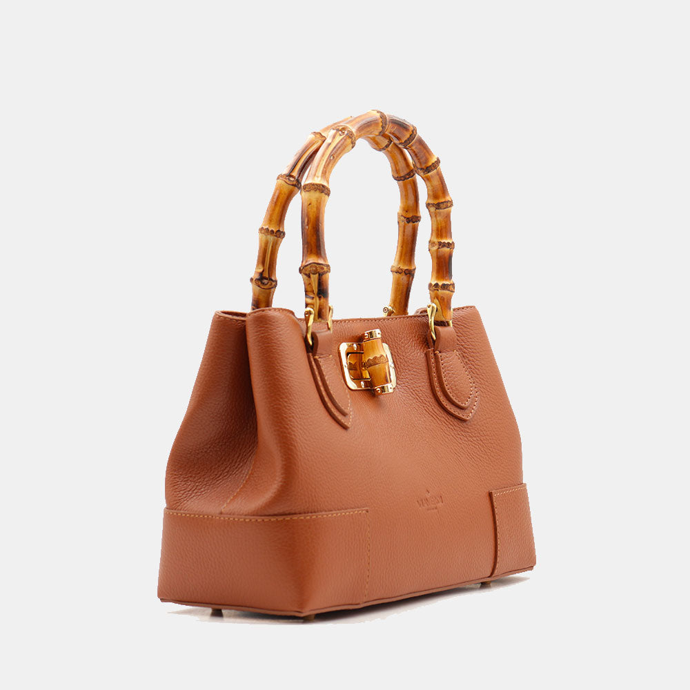 Borsa Piccola a Mano VIAVERDI in Pelle color Cuoio Scuro Made in Italy linea Volterra