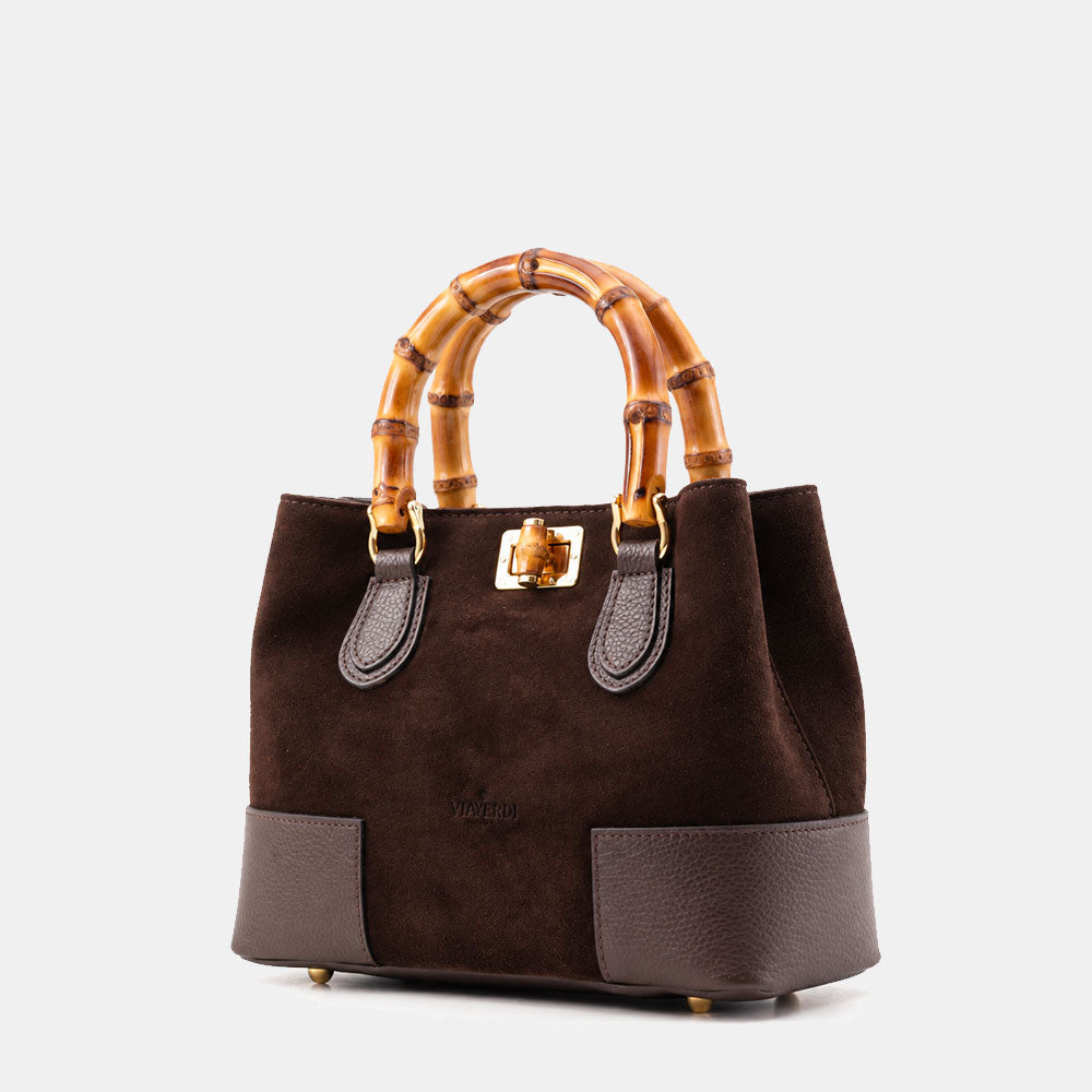 Borsa Piccola a Mano VIAVERDI in Camoscio e Pelle Marrone Testa di Moro Made in Italy linea Volterra