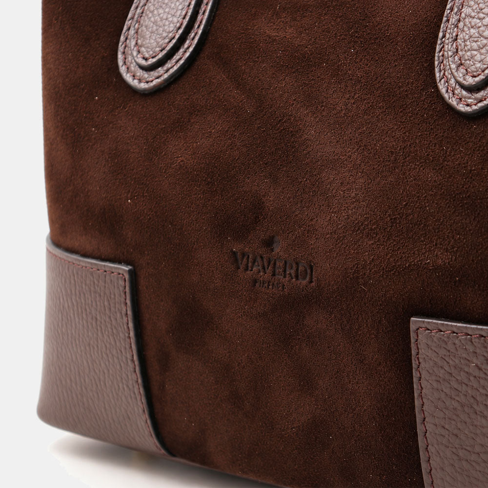 Borsa Piccola a Mano VIAVERDI in Camoscio e Pelle Marrone Testa di Moro Made in Italy linea Volterra