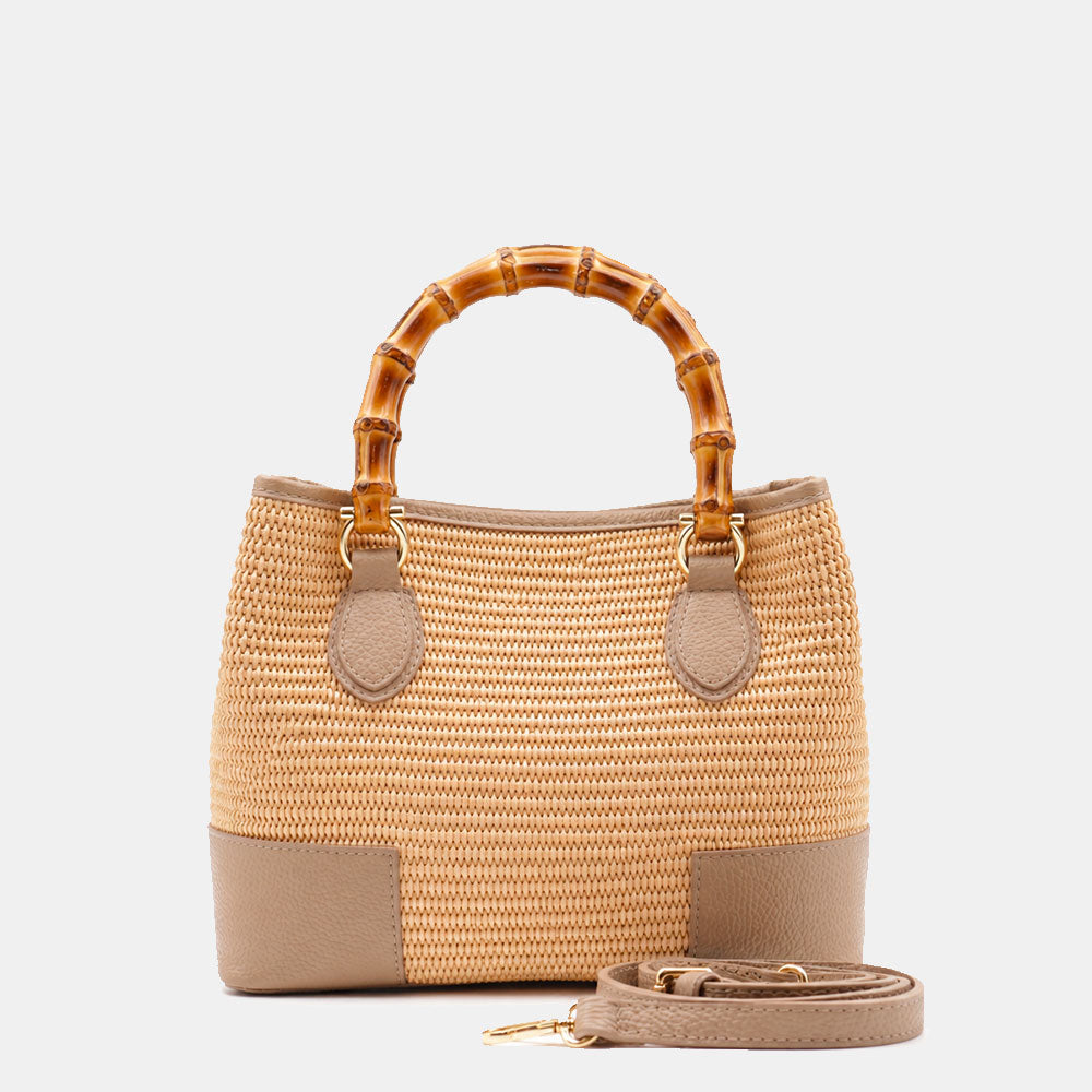 Borsa Piccola a Mano VIAVERDI in Rafia e Pelle Taupe Made in Italy linea Volterra