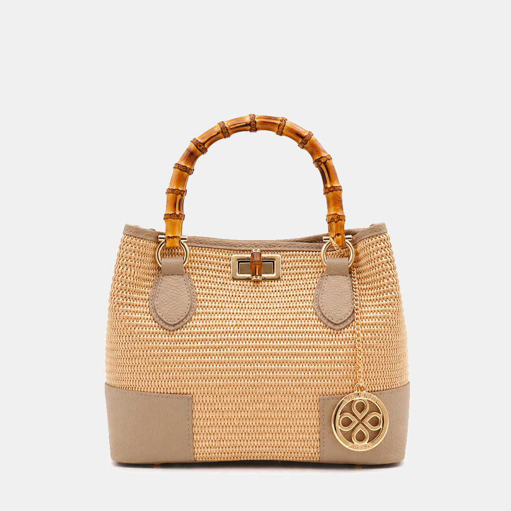 Borsa Piccola a Mano VIAVERDI in Rafia e Pelle Taupe Made in Italy linea Volterra