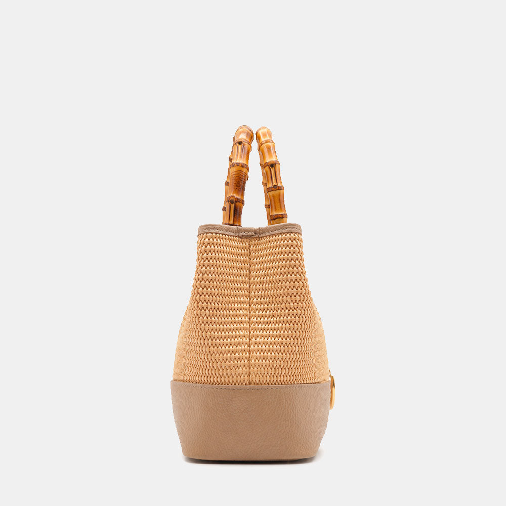 Borsa Piccola a Mano VIAVERDI in Rafia e Pelle Taupe Made in Italy linea Volterra
