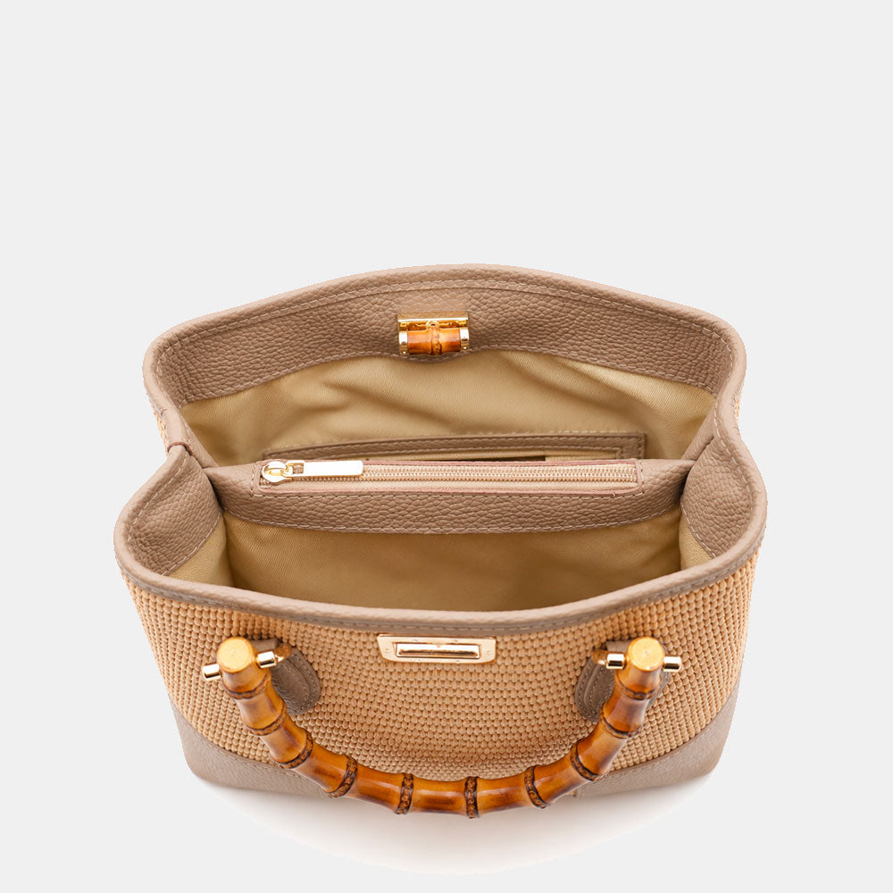 Borsa Piccola a Mano VIAVERDI in Rafia e Pelle Taupe Made in Italy linea Volterra