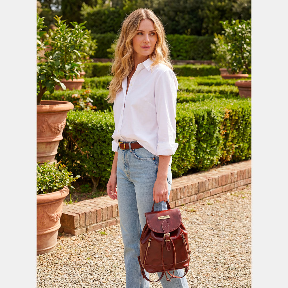 VIAVERDI Women's Brown Leather Backpack Made in Italy, Florence Line