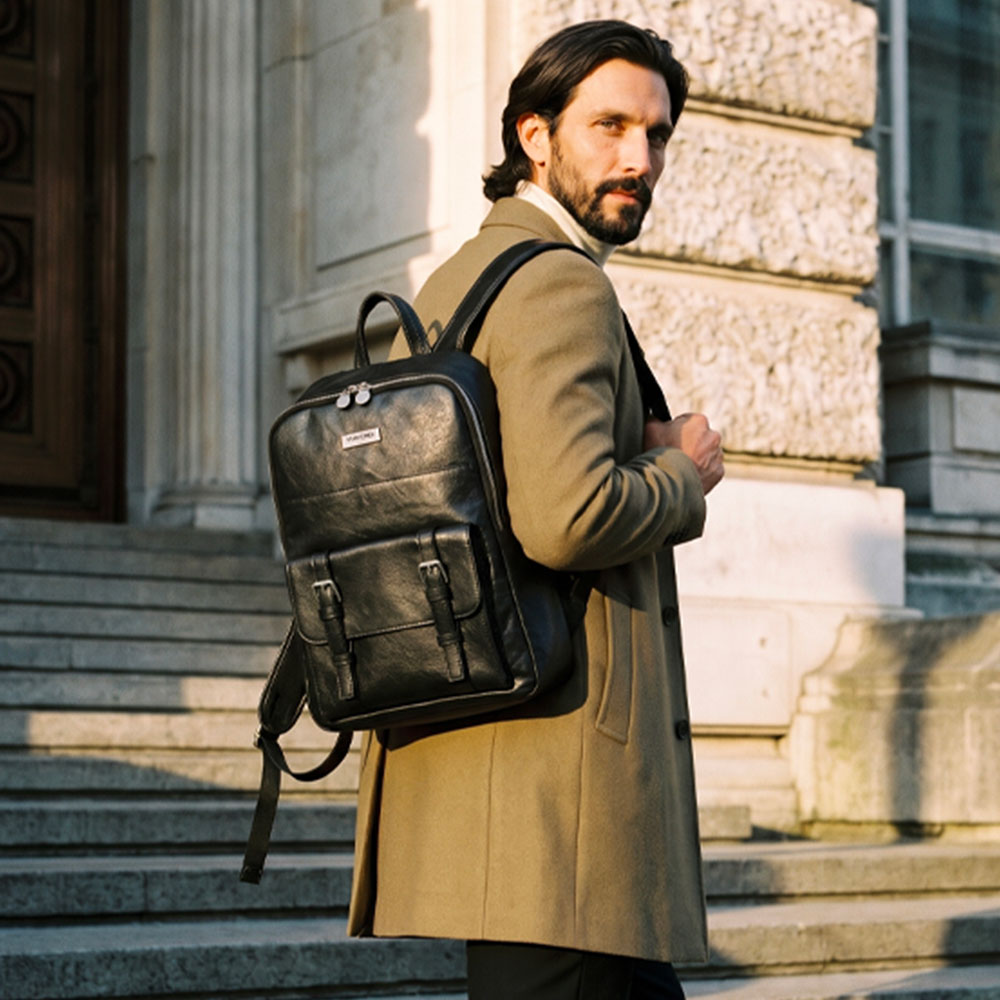 Sac à dos en cuir noir ViaVerdi, Made in Italy – ordinateur 15,6" – ligne Firenze