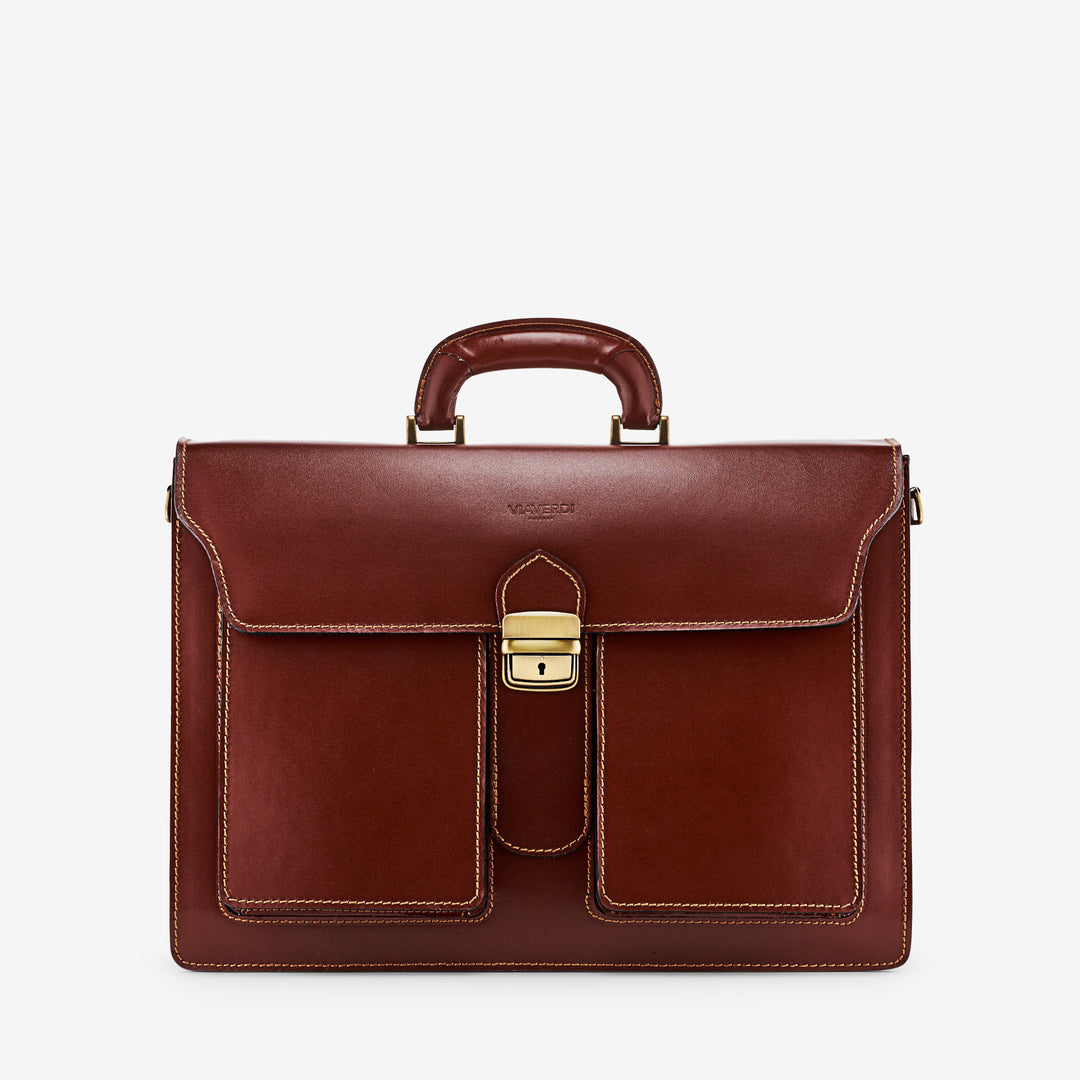 Brown Leather Briefcase VIAVERDI Made in Italy - 3 Gusseted PC 15.6