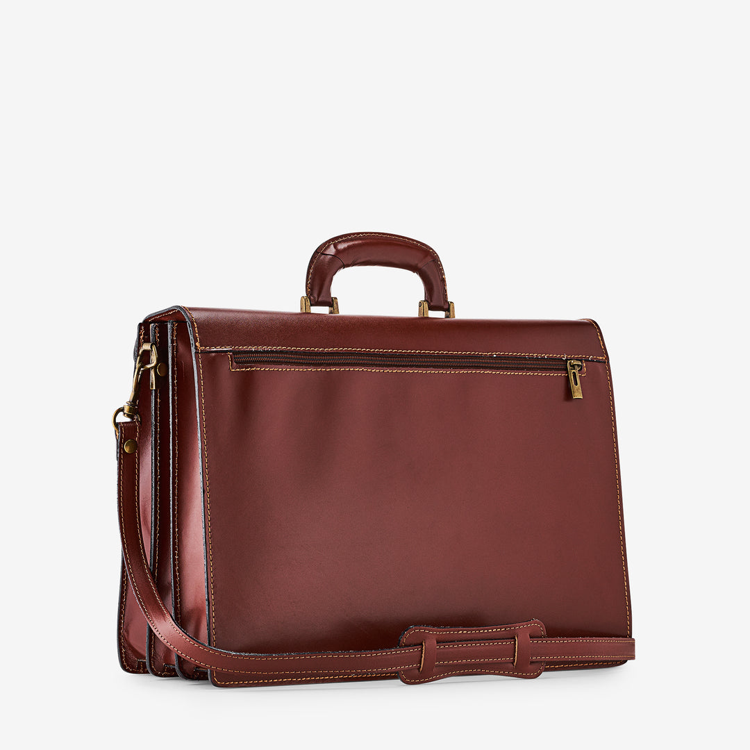 Brown Leather Briefcase VIAVERDI Made in Italy - 3 Gusseted PC 15.6