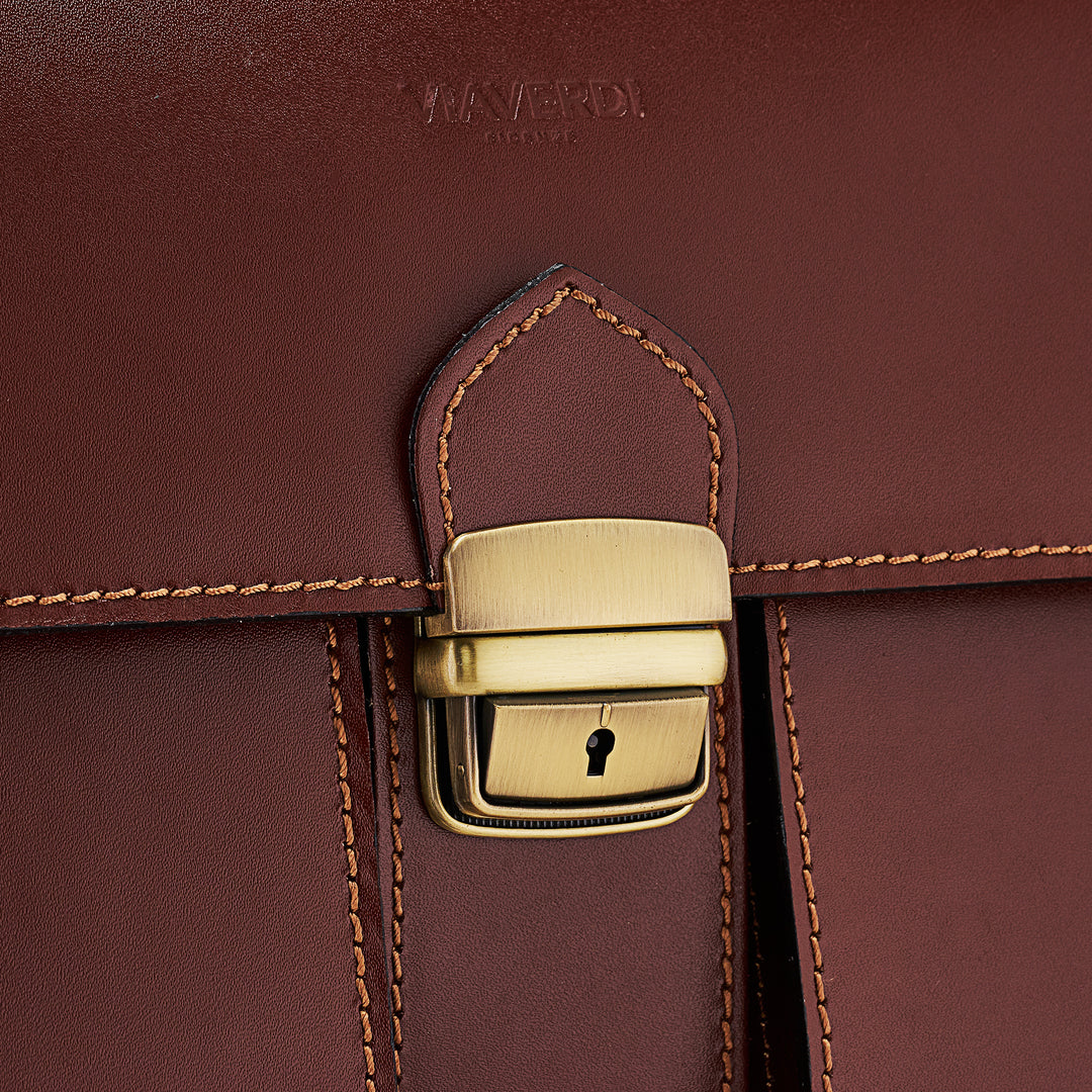 Brown Leather Briefcase VIAVERDI Made in Italy - 3 Gusseted PC 15.6