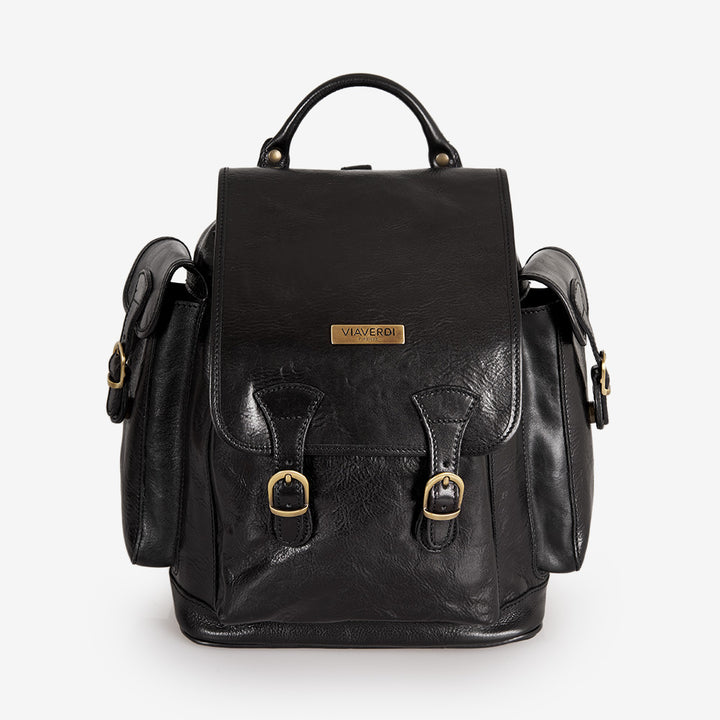VIAVERDI Black Leather Backpack Made in Italy