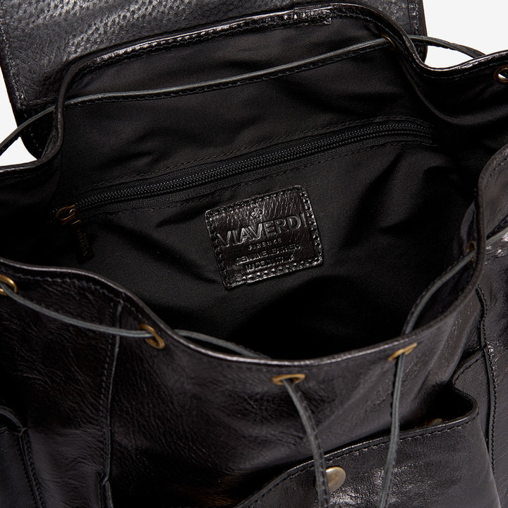 VIAVERDI Black Leather Backpack Made in Italy